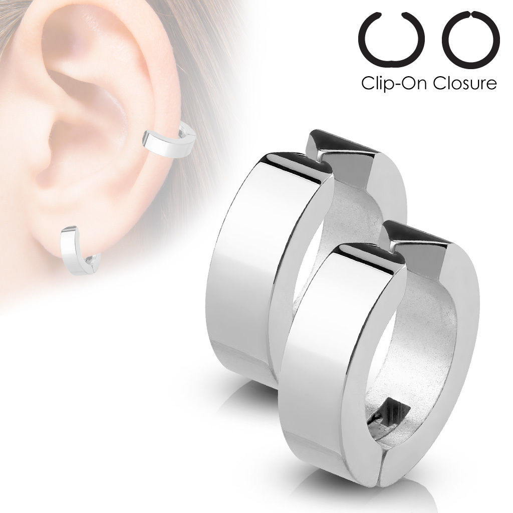 Mens Polished Surgical Steel Huggie Non Piercing Clip On Earrings The